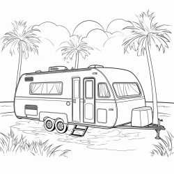 a track caravan with some palm trees behind it