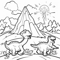 create a scene with playful dinosaurs sliding down a volcano and swinging on trees