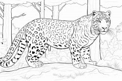illustrate an amur leopard stealthily moving through a snowy forest with dense trees and underbrush