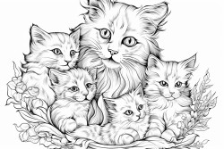 an orange mother cat surrounded by her five playful kittens