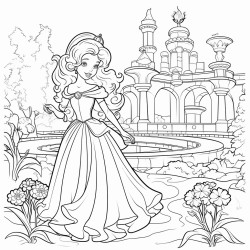 the princess exploring a magical garden filled with flowers and fountains