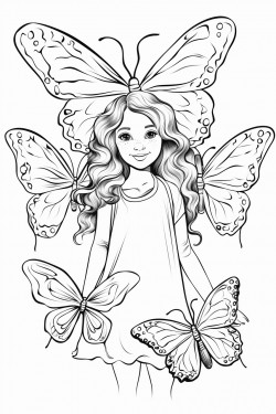 young girl with butterfly wings and butterflies surrounding her