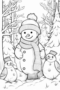 christmas snowman with animals in the forest