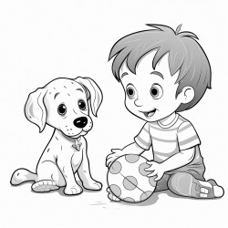 a toddler playing with a ball and his dalmatian dog in the living room