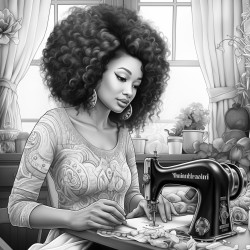 a african american woman with a afro sewing with a sewing machine