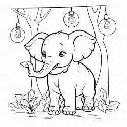 elephant with lighbulbs hanging in the forest