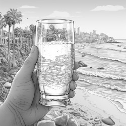 hand holding a beer glass with beach in background