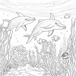 an ocean scene with dolphins sea turtles jellyfish and coral reefs