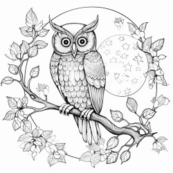 create a blackandwhite coloring page featuring an owl perched on a tree branch at night the owl should have bold clear outlines surrounded by intricate designs of stars a crescent moon and whimsical clouds include simple details like leaves and small forest creatures