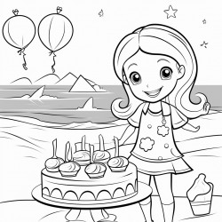 girl on beach with happy birthday mabel written