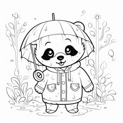 baby panda wearing a raincoat in jungle surrounded by tall trees and rain
