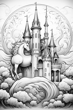 a castle in the clouds and a flying unicorn