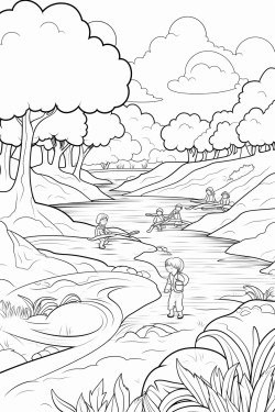 a river in a forest with kids playing and animals