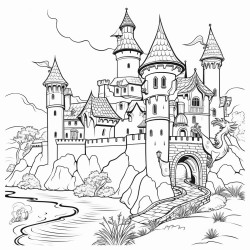 fantasy town with a castle and a dragon