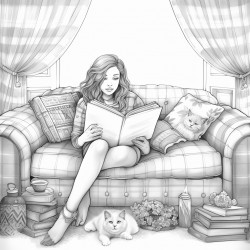 a beautiful woman wearing jeans and a tshirt curled up on a couch under a blanket in a home library reading a book