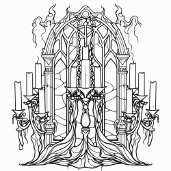 a tall gothic candelabra with melting candles surrounded by dark flowing curtains