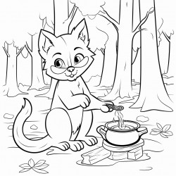 a cat cooking in a forest