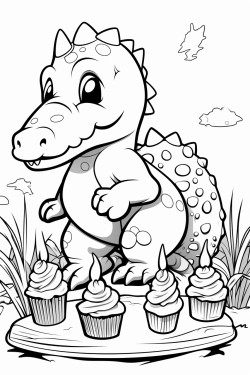 cartoon dinosaur on a birthday cake decorated with mushrooms