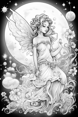 a magical fairy flying through the night starry sky with her wand