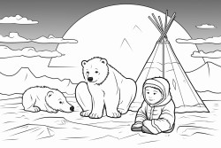 inuit boy kneels by pile of amber and sun in sky with northern lights polar bears too tipi in background