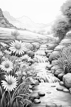 flower meadow with animals and a stream and a sunrise coloring page