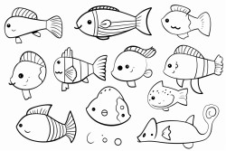 random figures cartoon cats playful poses paw prints fish bonesbows outlined in bold clear lines colouring book line drawing white