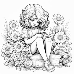 a sad little girl with skinned knee sitting in garden with lots of flowers looking at her knee
