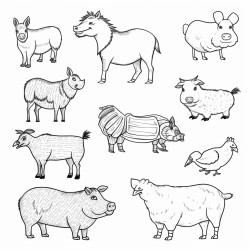 farm animals cows chickens pigs white background without detailing without shadow without showing