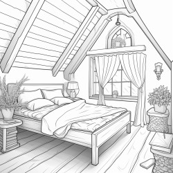 hygge decor bedroom with a wooden panned window and wooden beams on the ceiling a side view of a hygge styled bed