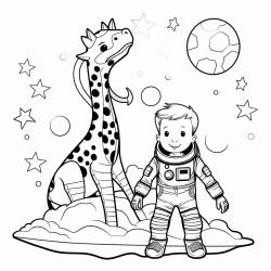 can you create a coloring picture of an astronaut giraffe and a kid they are seating in a rocket ready to take of to our sun