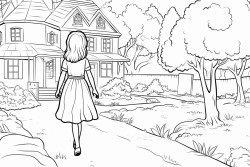 a little girl wearing a dress standing near a house with a garden path leading to the woods