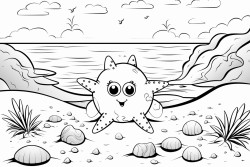 snowman on a deserted island with starfish eyes and a coral noes and seashell buttons
