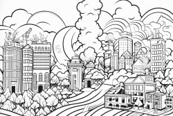 an image showing a growing economy with some positive and negative impacts of growth