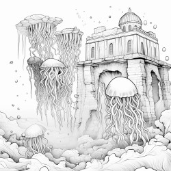 cosmic jellyfish exploring underwater ruins
