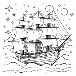 a pirate ship sailing under a starry sky