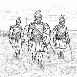 5 roman centurions turned to the side from behind in a field wearing armor