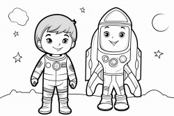 a boy and a girl put on their astronaut costumes and stand next to a rocket