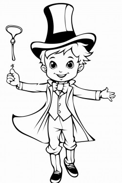 young cartoon boy dressed as a magician tapping a wand on an upsidedown top hat