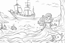 mermaid leading a drifting shipwreck gently down to settle on the ocean floor