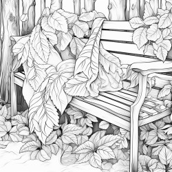 a cozy detailed scarf design with different types of leaves woven into its pattern draped over a wooden bench