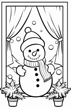 christmas snowman outside the window and behind the christmas tree