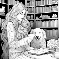 long haired girl in a cozy sweater drinking a coffee in a library with a golden retriever