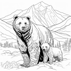 a beautiful grizzly bear and cub with a mountain range in the backround
