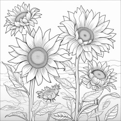 create a blackandwhite coloring page of sunflowers in full bloom use bold outlines for large petals stems and leaves vary the sizes and angles of sunflowers some facing forward others to the side for depth keep the background simple with rolling hills or minimal details ensuring large