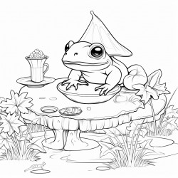 frog sitting on a mushroom drinking tea by the lake