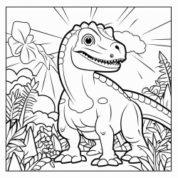 create a blackandwhite a4 coloring book with single dinosaurs and simple colorable vegetation in portrait format