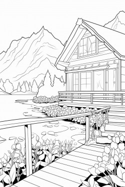 switzerland landscape with a quaint stone house surrounded by flowers wooden dock extending into a lake