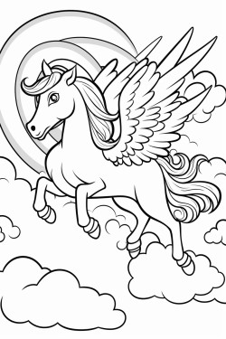 winged unicorn riding a rainbow and clouds