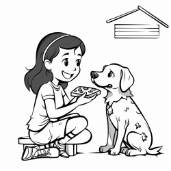 a girl painting the side of a wall and a dog eating pizza