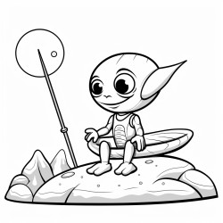 alien sitting on a meteorite holding a fishing rod